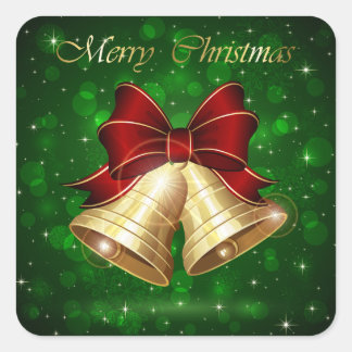 Golden Christmas Bells Red Bow Quadratischer Aufkleber