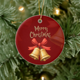 Golden Christmas Bells Red Holiday Art Keramik Ornament