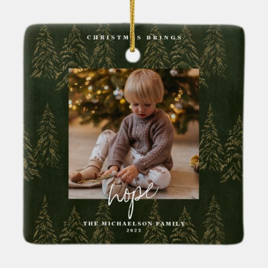 Golden Christmas Forest Fire Trees Keramikornament (Rückseite)