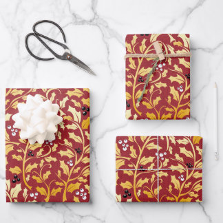 Golden Christmas Holly Muster auf rot Geschenkpapier Set