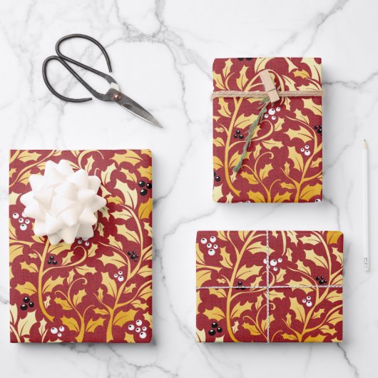 Golden Christmas Holly Muster auf rot Geschenkpapier Set (Vorderseite)