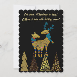 Golden Christmas Rentier Couple Pine Trees Black Feiertagskarte