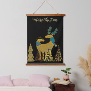 Golden Christmas Rentier Couple Trees Wall Deco Wandteppich Mit Holzrahmen