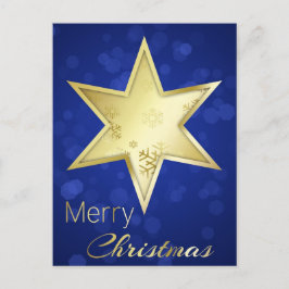 Golden Christmas Star Blue Bokeh Holiday Postcard Feiertagspostkarte
