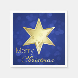 Golden Christmas Star Blue Bokeh Serviette