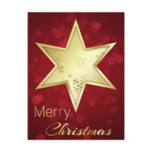 Golden Christmas Star Red Bokeh Holiday Postcard