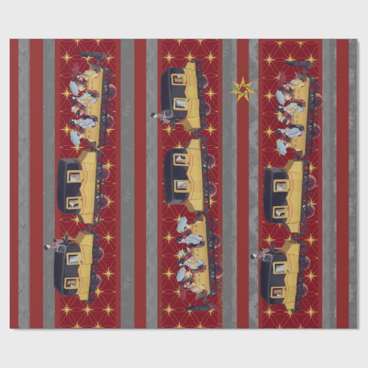 Golden Christmas Train Streifen Burgundy Gray Geschenkpapier (Flach)