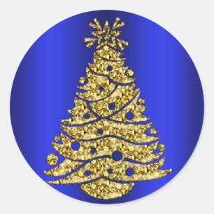 Golden Christmas Tree on Blue Runder Aufkleber