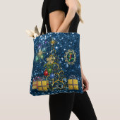 Golden Christmas Tree & Presents Blue Imitats Glit Tasche (Von Nahem)