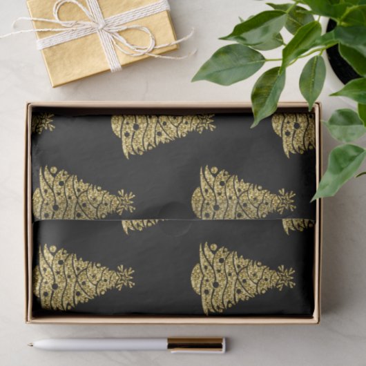 Golden Christmas Trees on Black Christmas Seidenpapier (Geschenk)
