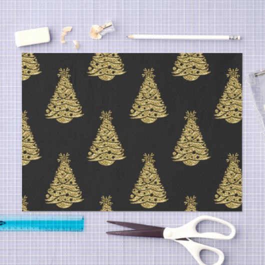 Golden Christmas Trees on Black Christmas Seidenpapier (Handwerk)