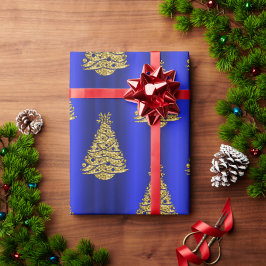Golden Christmas Trees on Blue Geschenkpapier