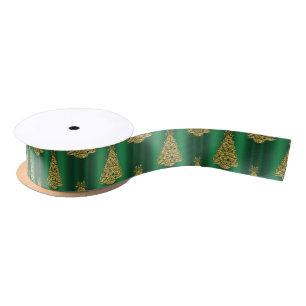 Golden Christmas Trees on Green Satinband