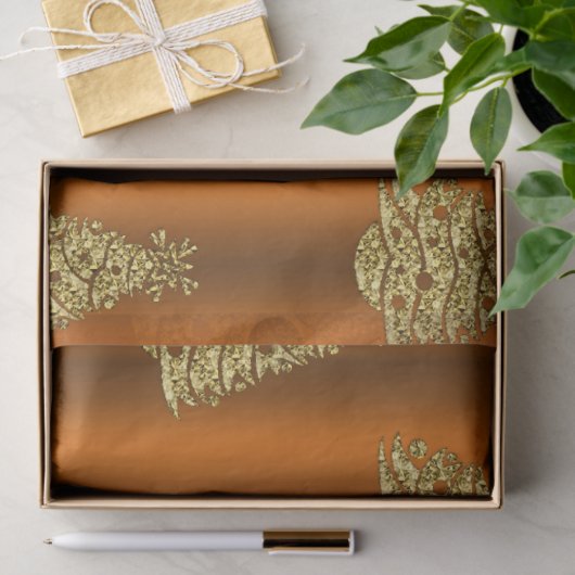 Golden Christmas Trees on Orange Seidenpapier (Geschenk)