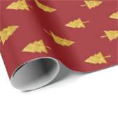 Golden Christmas Trees on Red Background Geschenkpapier (Rolleneckpunkt)