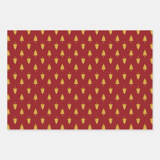 Golden Christmas Trees on Red Background Geschenkpapier Set (Vorderseite)