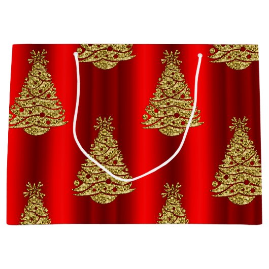 Golden Christmas Trees on Red Große Geschenktüte (Vorderseite)