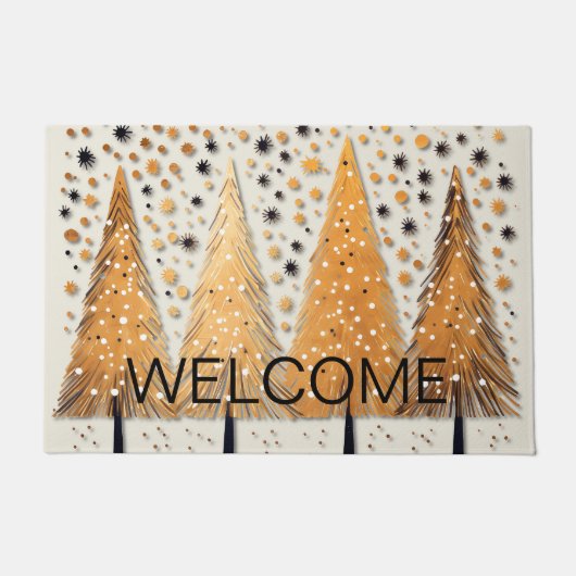 Golden Christmas Trees Shiny Snowflakes Holidays Fußmatte (Vorderseite)