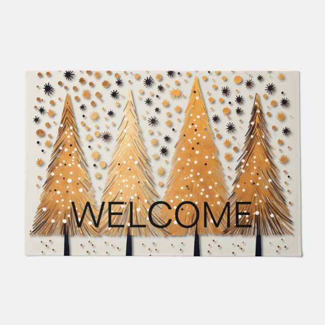 Golden Christmas Trees Shiny Snowflakes Holidays Fußmatte (Vorderseite)