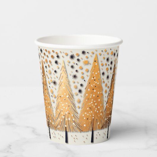 Golden Christmas Trees Shiny Snowflakes Holidays Pappbecher (Rückseite)