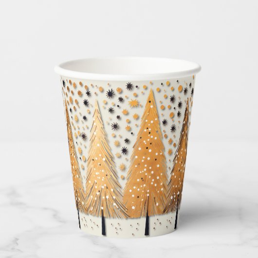 Golden Christmas Trees Shiny Snowflakes Holidays Pappbecher (Vorderseite)