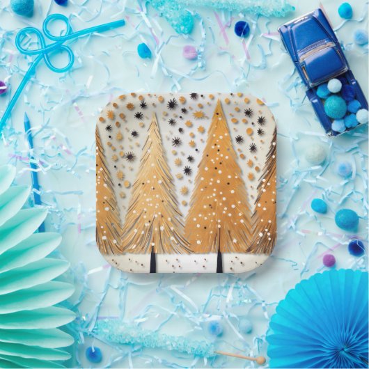 Golden Christmas Trees Shiny Snowflakes Holidays Pappteller (Party)