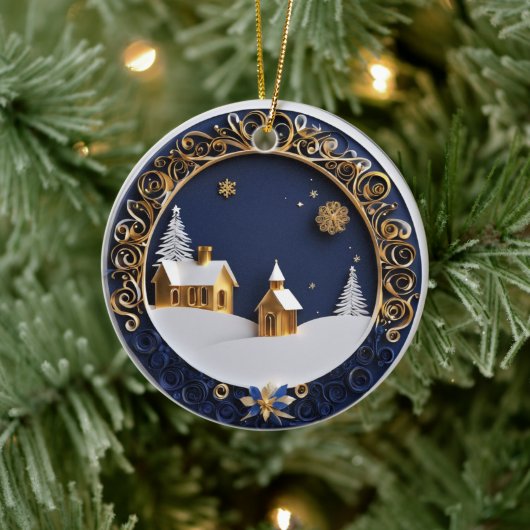 Golden Churches Paper-Cut Style Starry Night Keramik Ornament (Baum)