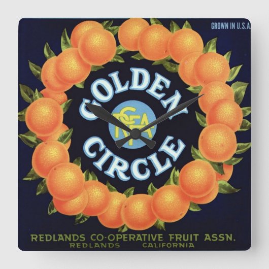 Golden Circle Brand Oranges Crate Label Quadratische Wanduhr (Vorderseite)