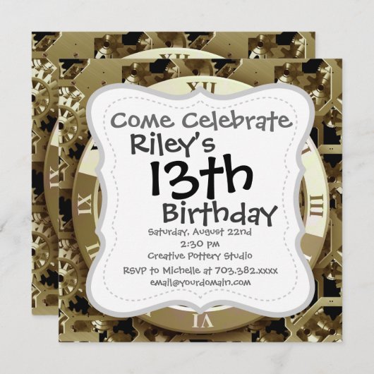 Golden Clocks and Gears Steampunk Mechanische Gesc Einladung (Vorne/Hinten)