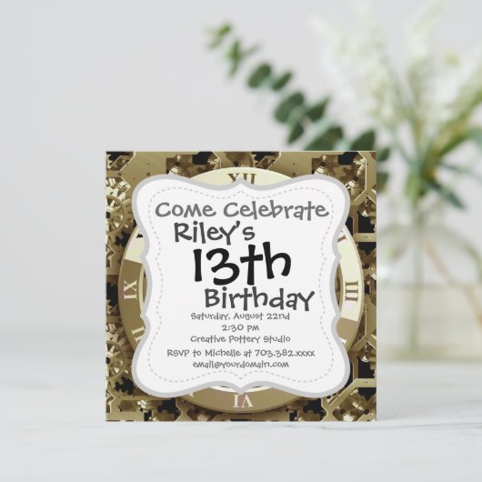 Golden Clocks and Gears Steampunk Mechanische Gesc Einladung (Stehend Vorderseite)