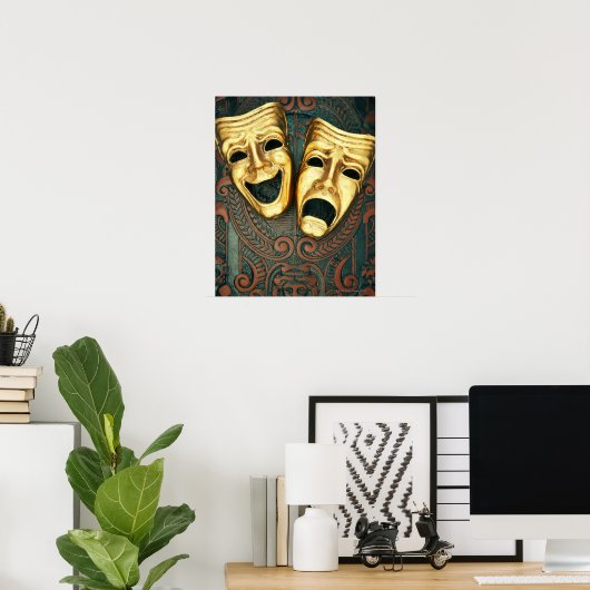 Golden comedy and tragedy masks on patterned poster (Heimbüro)