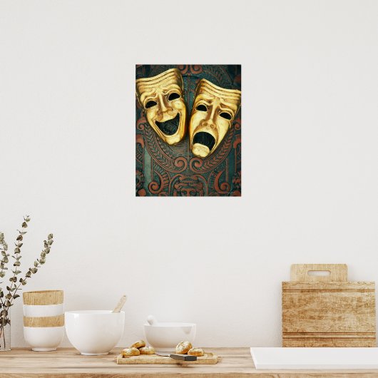 Golden comedy and tragedy masks on patterned poster (Küche)