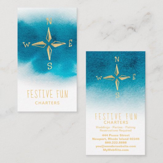 *~* Golden Compass Sea Beach White Aquamarin Blue Visitenkarte (Vorne/Hinten)