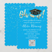 Golden Confetti Graduate Party QR Code Blau Einladung (Vorne/Hinten)