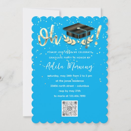Golden Confetti Graduate Party QR Code Blau Einladung (Vorderseite)