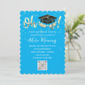 Golden Confetti Graduate Party QR Code Blau Einladung (Stehend Vorderseite)