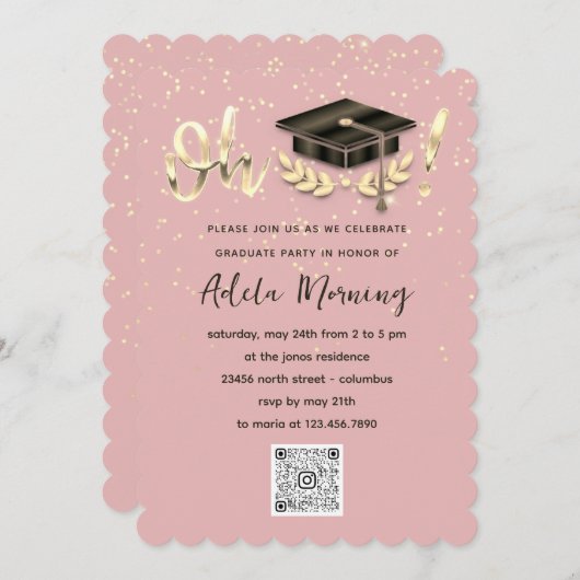 Golden Confetti Graduate Party QR Code Blush Einladung (Vorne/Hinten)