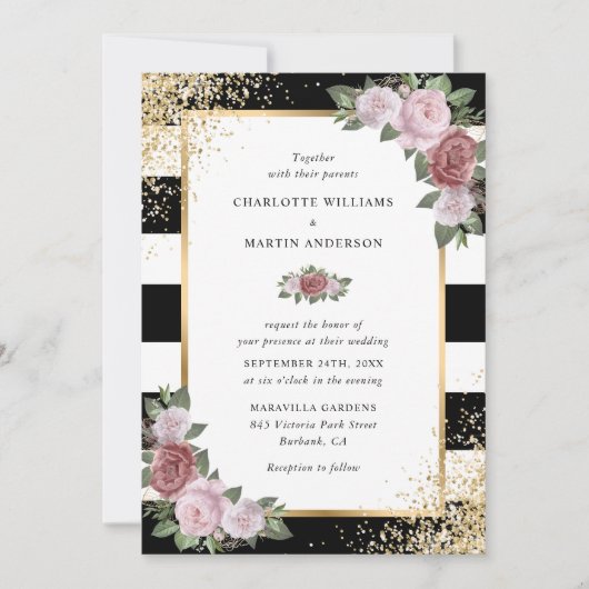 Golden Confetti Schwarz Rosa Blumenzwiebelhochzeit Einladung (Vorderseite)