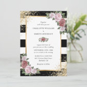 Golden Confetti Schwarz Rosa Blumenzwiebelhochzeit Einladung (Stehend Vorderseite)
