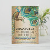 Golden Copper Champagne Gold Peacock Feathers Einladung (Stehend Vorderseite)