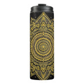 Golden Cosmic Mandala on Black Canvas Thermosbecher (Vorderseite)