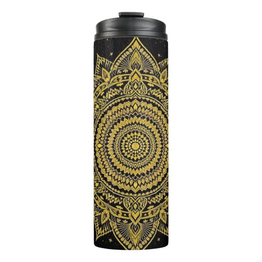Golden Cosmic Mandala on Black Canvas Thermosbecher (Vorderseite)