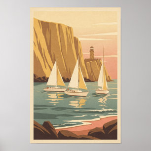 Golden Cove Segelboote und Leuchtturm Retro-Reise Poster