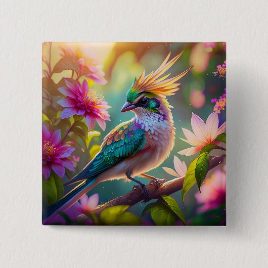 Golden Creaded Green Headed Finch Fantasy Bird Button (Vorderseite)