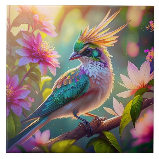 Golden Creaded Green Headed Finch Fantasy Bird Fliese (Vorderseite)