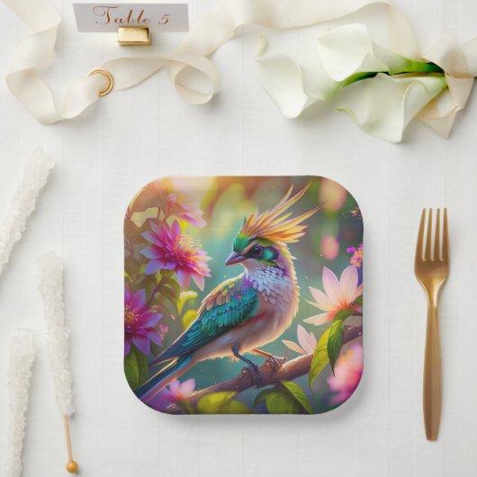 Golden Creaded Green Headed Finch Fantasy Bird Pappteller (Hochzeit)