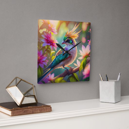 Golden Creaded Green Headed Finch Fantasy Bird Quadratische Wanduhr (Büro)