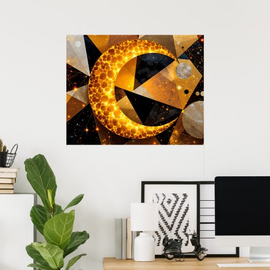 Golden Crescent Moon mit kosmischen geometrischen  Poster (Heimbüro)