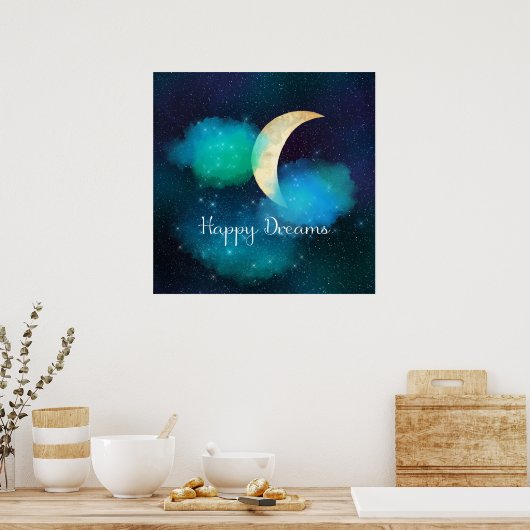 Golden Crescent Moon Starry Sky Happy Dreams Poster (Küche)