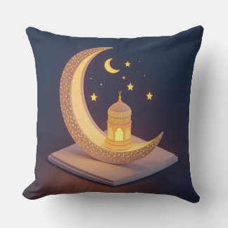 Golden Crescent Moon with Islamic Lantern Art Kissen